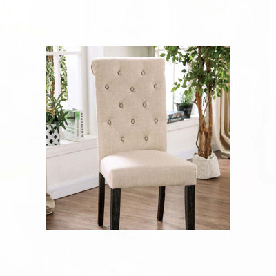 Linen Upholstered Dining Chair Set with Tufted Upholstered Back ,Wood Legs