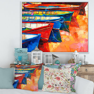 Bateaux dans le port pendant un coucher de soleil chaud II - peinture sur toile