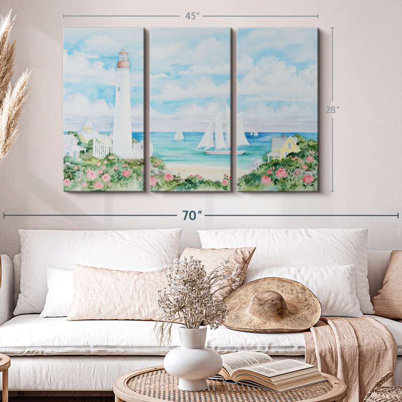 «Phare vue sur l'océan», 3 pièces sur toile, H 28 po x l 45 po x P 1,25 po