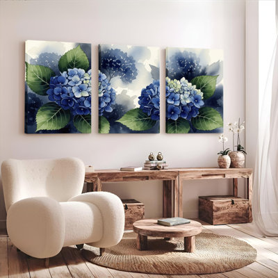 «Blue Hydrangea», reproduction d'art sur toile tendue à l'aquarelle (ensemble de 3)