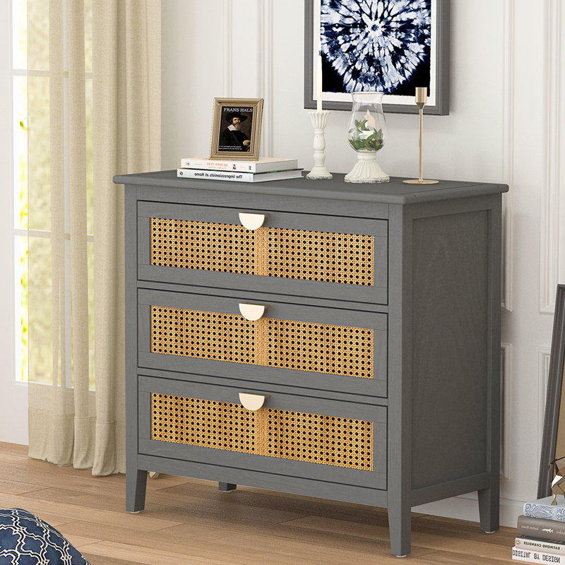 Chused 3 Drawer Accent Cabinet Dresser, Rattan Chest Drawers, Storage Cabinet with Metal Handles, Gray