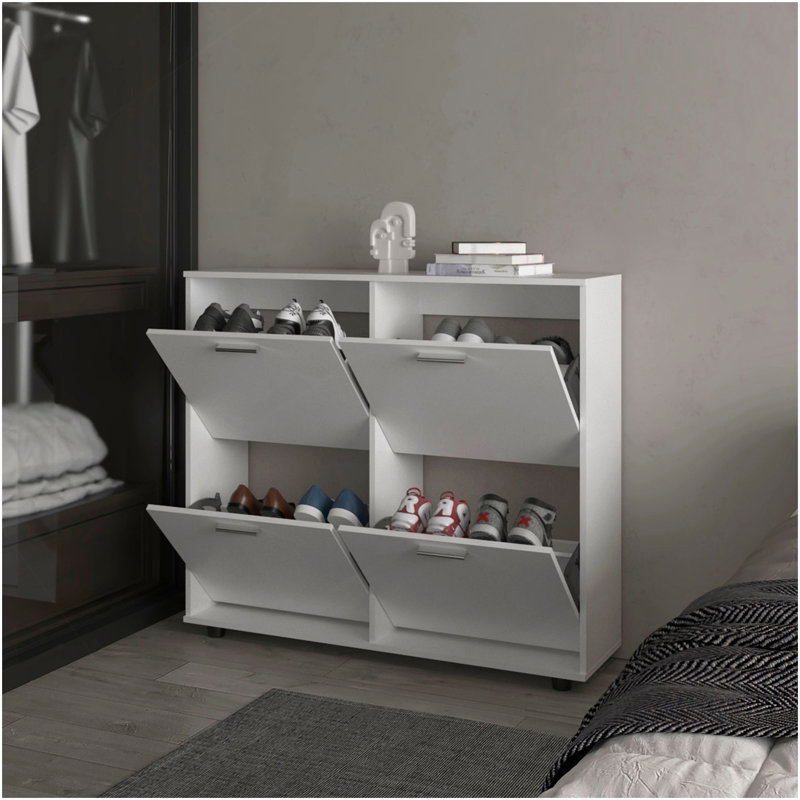 Armoire de rangement blanche à chaussures inclinable avec plusieurs compartiments et design moderne