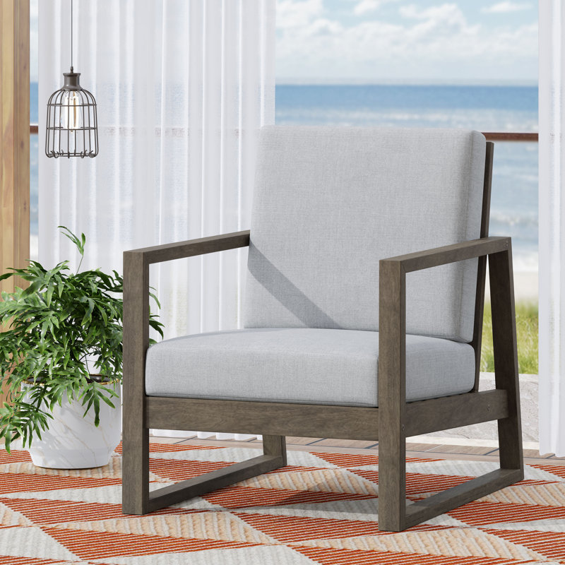  Fauteuil club d'extérieur moderne en bois avec structure épurée et coussins résistants aux intempéries, gris, Gris