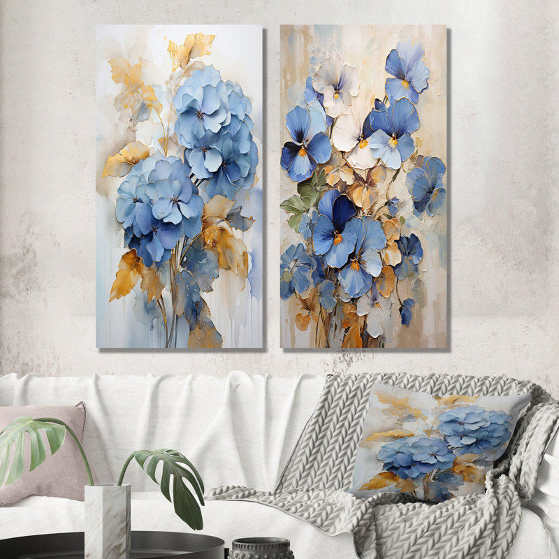 Ensemble de salon art mural bleu et or Minimalisme Pansy Radiance, Toile tendue, H 28 po x l 25 po