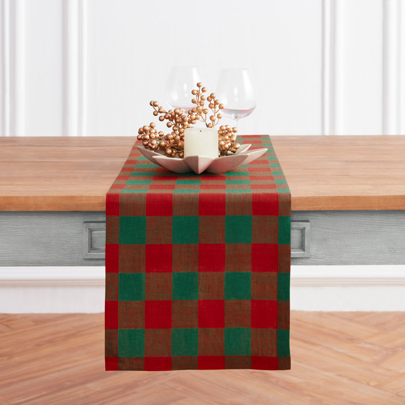 Buffalo Check - 100% Pure Linen Table Runner, 144" x 14", Red/Green