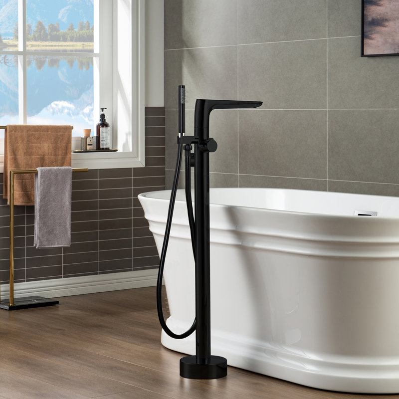 Robinet de baignoire autoportant monocommande à fixation au sol avec douche à main, Noir mat