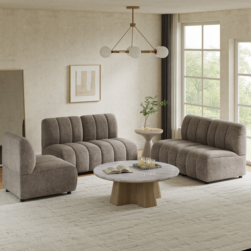 Shalon 84" Modern Chenille 5-Piece Modular Channel Tufted Living Room Sets, Saddle
