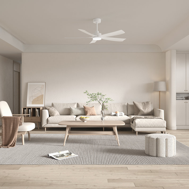 Ventilateur de plafond moderne à 5 pales de 52 po avec lumières DEL et télécommande, Blanc, Blanc