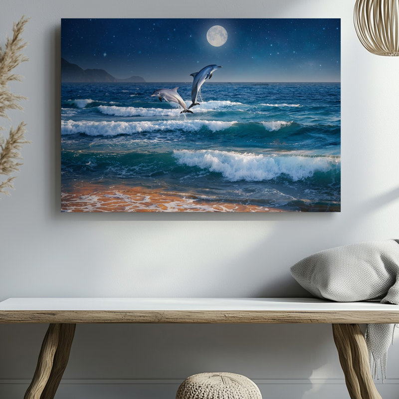 Toile, scène sereine avec deux dauphins sautant gracieusement au-dessus de l'art mural, H 9 po x l 12 po