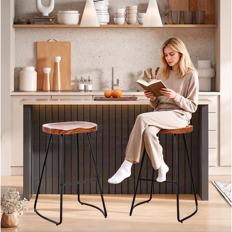 Tabouret de bar 26 po pour îlot de cuisine, selle rustique, tabourets sans dossier avec pieds en métal, Naturel
