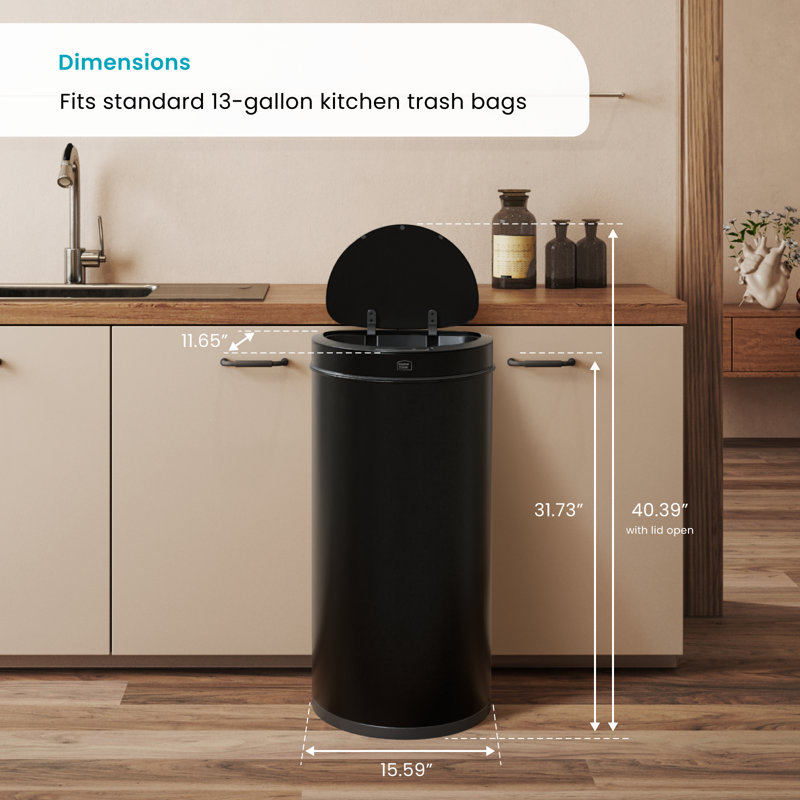 16 Gallon Black Stainless Steel Touchless Trash Can with Motion Sensor