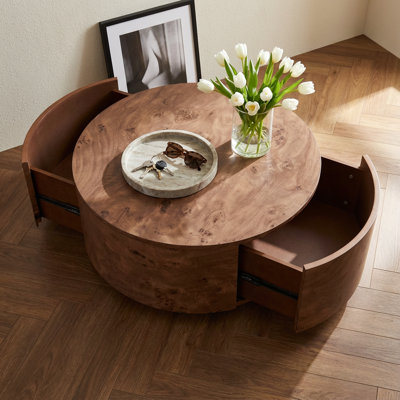 Modern Rotating Round Coffee Table with Two Hidden Drawers- Stable Bentwood and MDF Construction,360-Degree Swivel Top