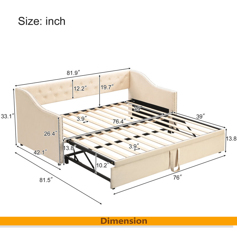 Twin Size Upholstered Daybed With Pop Up Trundle, Beige