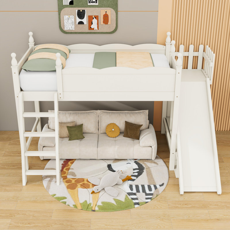 Lit mezzanine avec tablettes de rangement, garde-robe et glissade, Beige, Lit simple