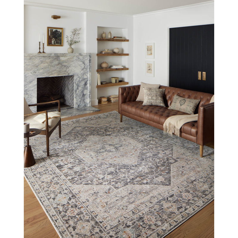 Tapis oriental en polyester tissé à la machine gris anthracite / ivoire, Rectangle 9 pi 3 po x 13 pi
