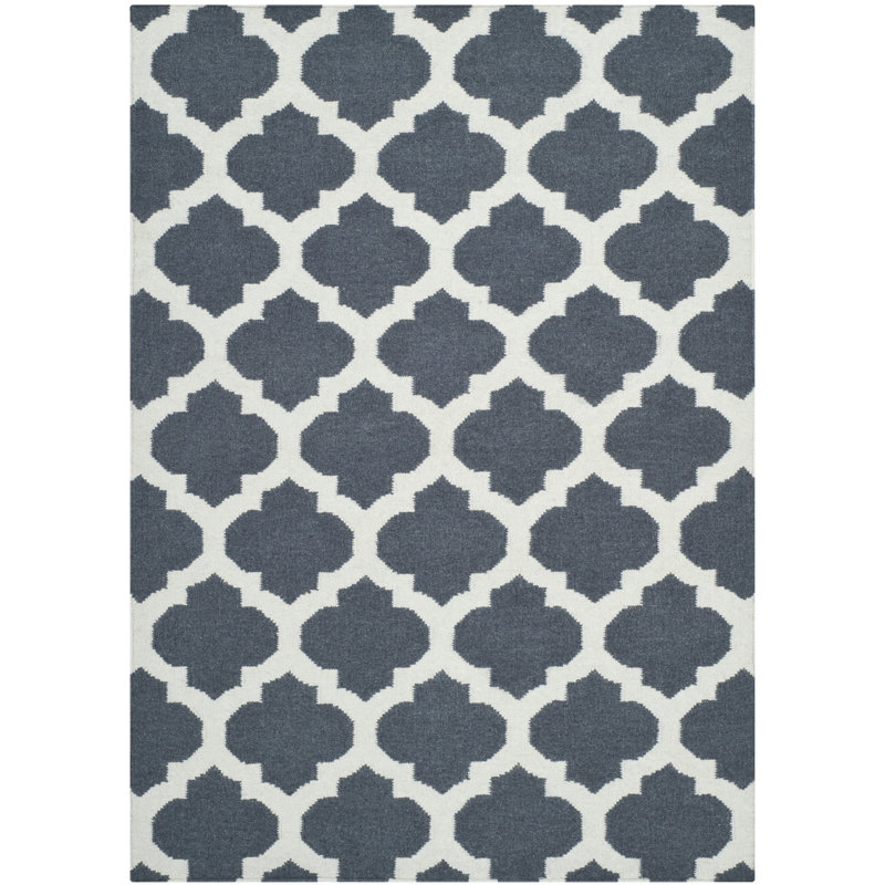 Rodgers Hand Woven Flat Weave Wool/Cotton Geometric Rug in Ivory/Blue, Rectangle 4' x 6'