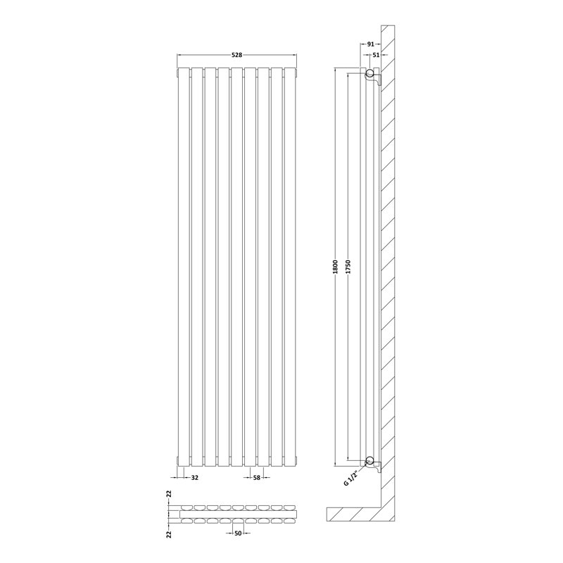 Sloane Vertical Designer Radiator, Grey, 180cm H x 52.8cm W x 7.2cm D