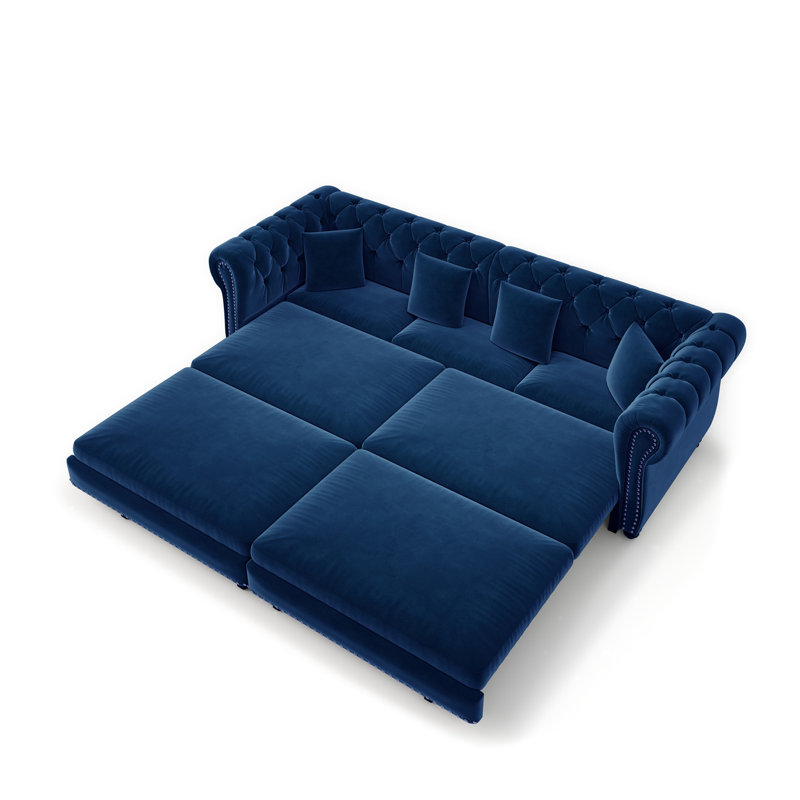 Canapé Chesterfield, canapé-lit gigogne 3 en 1 de 89 po, canapé-lit convertible, canapé-lit très grand, méridienne, canapé en velours 3 places avec repose-pieds mobile, bleu (ancien numéro de référence: W1885S00443 / W1885S00175)