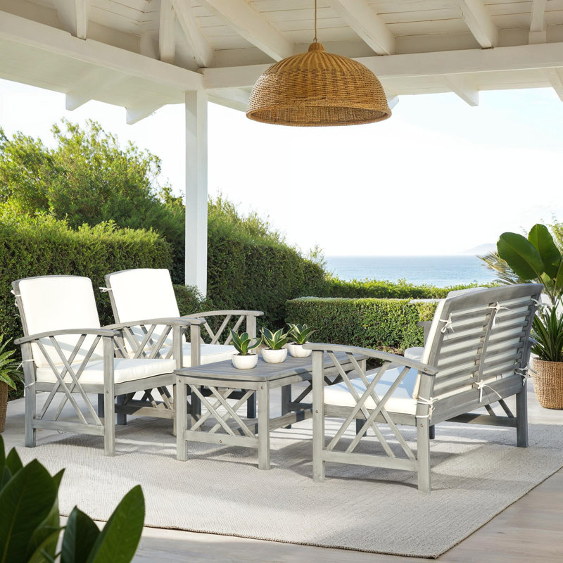 Calhoun 4-Person Solid Wood Patio Seating Group, Gray Frame/Beige Cushion