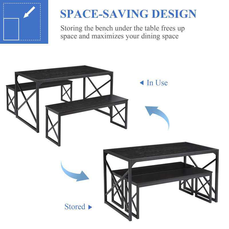 Aithan 3-Piece 55 Inch Black Dining Table Set with Benches, Rustic Kitchen Table Set for Small Spaces, Modern Farmhouse Dining Set with Bench for Kitchen & Dining Room