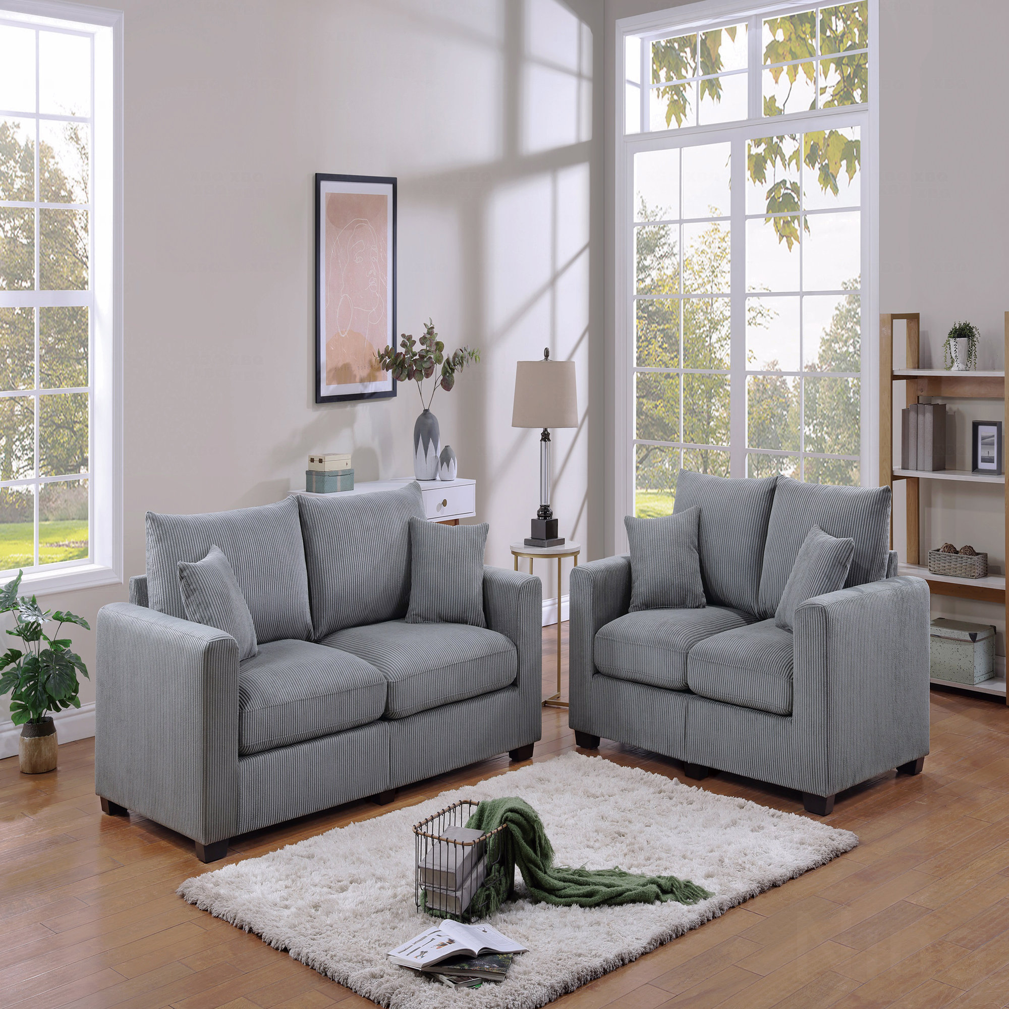 Hokku Designs Classic Living Room 2-Piece Sofa Set Ivory Corduroy Sofa ...