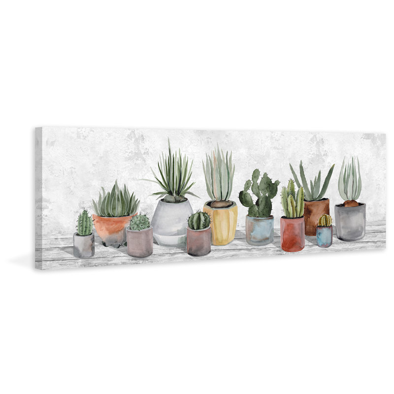 Coloured Plant Pots 1 Piece Wrapped Canvas Painting, 41cm H x 122cm W x 3.81cm D