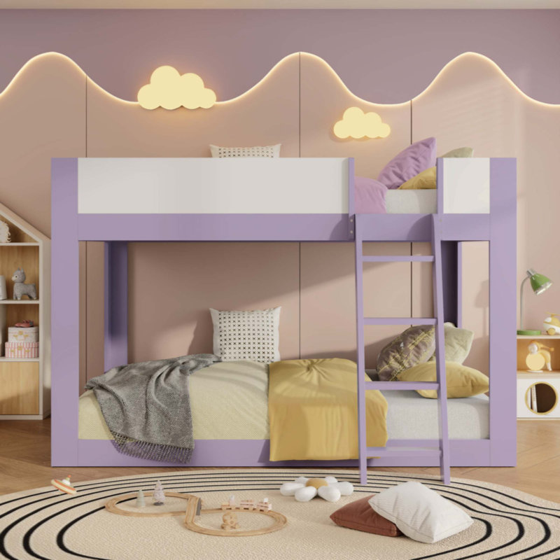 Lit superposé bas, lit superposé convertible en bois avec échelle réversible et garde-corps de sécurité, Queen, Purple