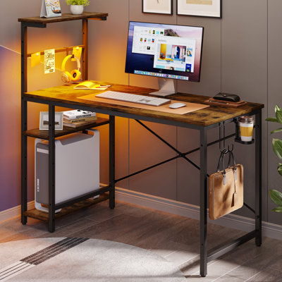 Nedyo Gaming Desk with RGB LED Light, Computer Desk with 4 Tier Reversible Storage Shelves, Hooks, Cup holder and Magnets