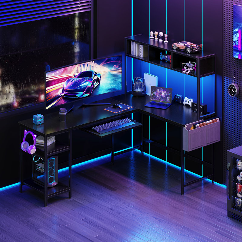 67 Inch L Shaped Computer Desk with LED Light, Home Office Corner Desk, Back