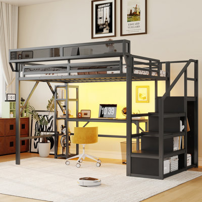Lit mezzanine double en métal avec bureau, tablettes, garde-robe, station de charge et éclairage DEL