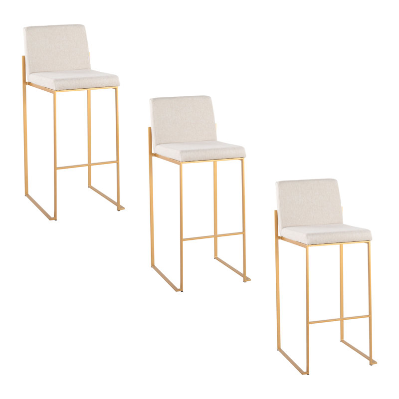 Brieon High Back Upholstered Bar & Counter Stool (Set of 3), Bar Stool (30" Seat Height), Beige Fabric/Gold