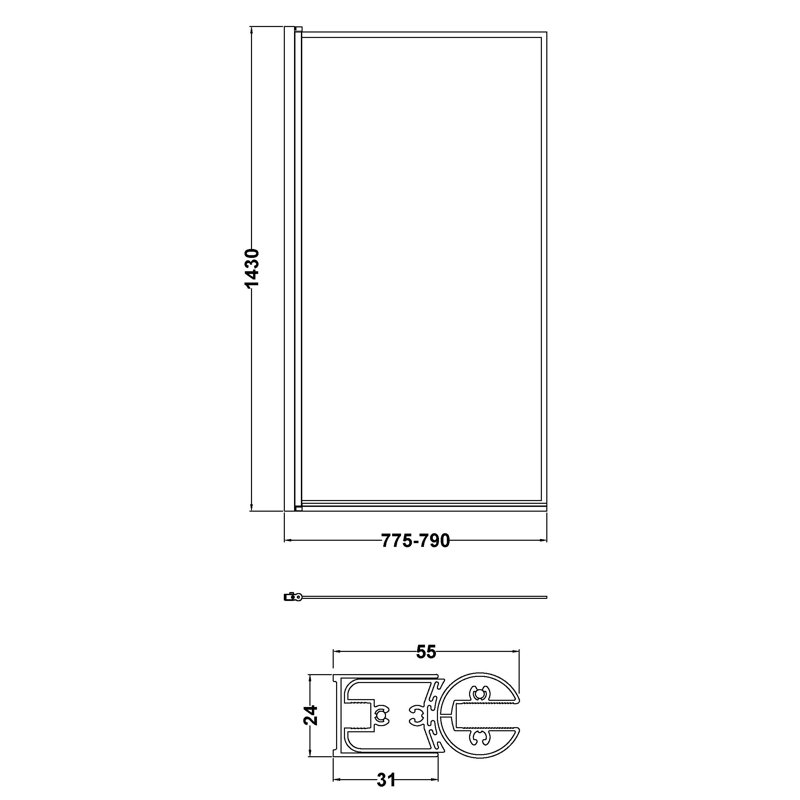 785mm W x 1435mm H Slab Framed Tub Door with Clear Glass