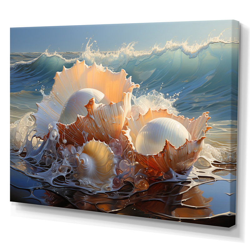 Coquillages blancs sur la plage - impression, 16" H x 32" W, Toile tendue