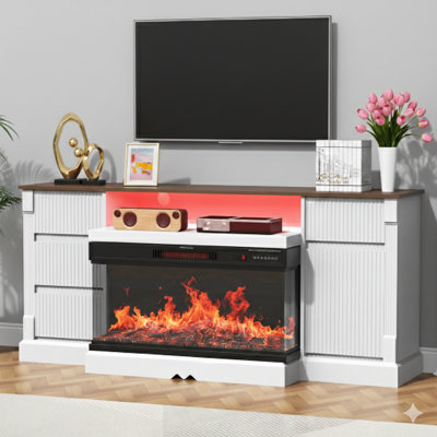 Meuble télé moderne en verre à trois côtés avec foyer électrique pour téléviseur de 80 po ou moins, centre de divertissement avec lumières DEL, armoire de rangement et tiroirs pour le salon.