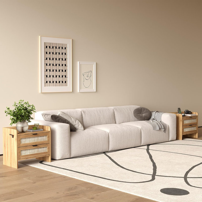 Rattan Nightstand Set of 2, Boho Bedside Table with USB Charging Station & Storage Drawers, End Table or Side Table for Bedroom, Office, Living Room
