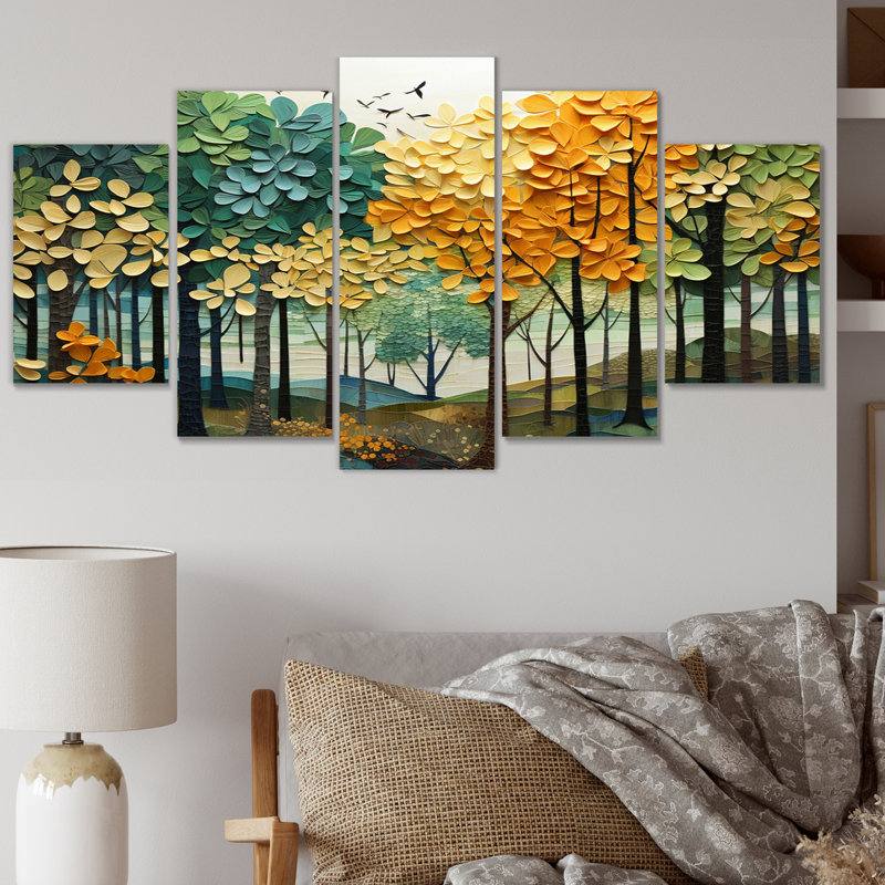 «Orange Green Trees Canopy Patchwork III», art mural sur toile, 5 panneaux