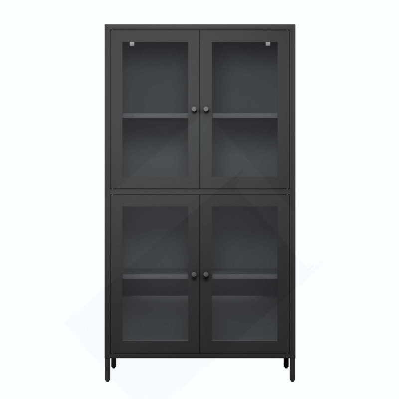 Classic Metal Storage Cabinet with 4 Tempered Glass Doors & Adjustable Shelves, Versatile Bookcase Display Cabinet for Home, Office, Living Room & Kitchen