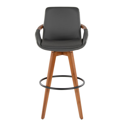 29" Fixed-Height Barstool With Swivel In Walnut Bamboo And Grey Faux Leather With Round Black Metal Footrest