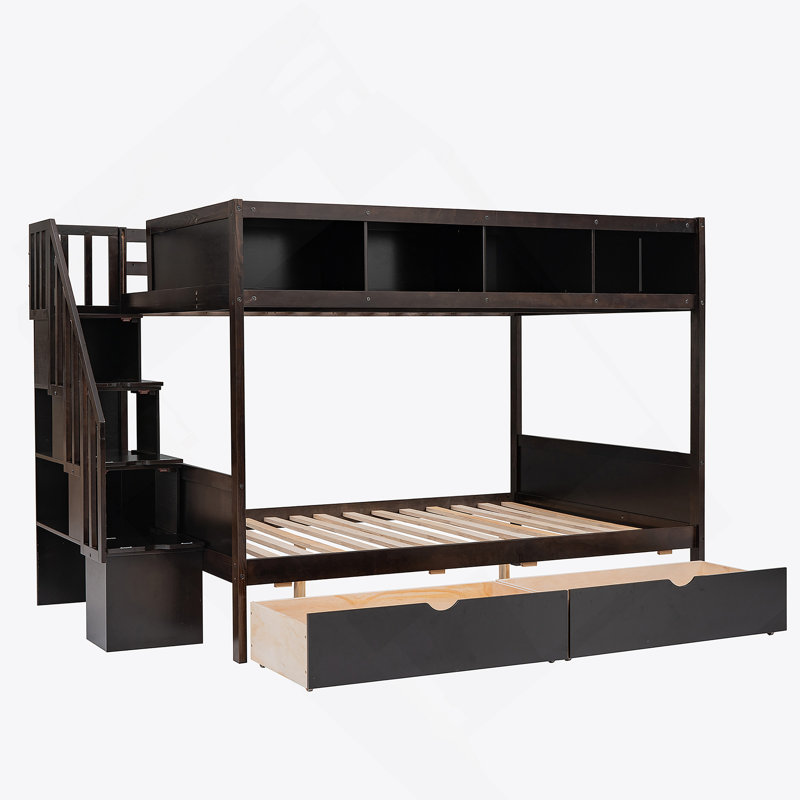 Lit superposé simple au-dessus d'un lit double avec tablettes, escalier de rangement et 2 tiroirs, espresso (VIEUX SKU: LT000228AAP-1)