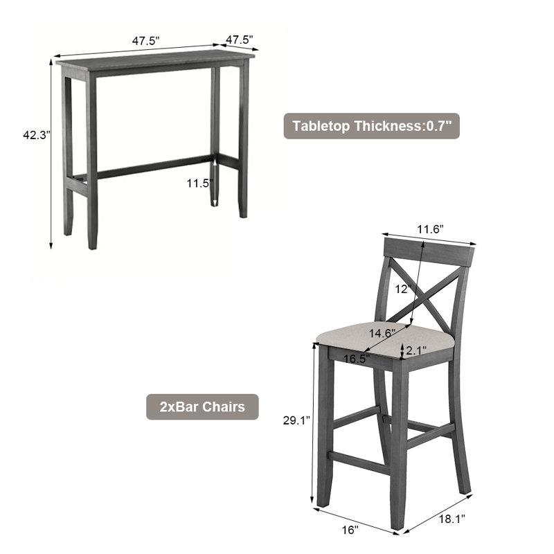 Ensemble de table de salle à manger 48 po 48 po, table de bar de ferme 3 pièces avec 2 tabourets, Gris