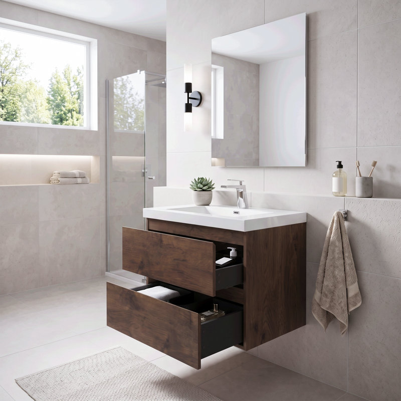 Meuble-lavabo suspendu de 76 cm (30 po) avec lavabo intégré en résine et carbonate de calcium, quincaillerie à fermeture amortie, découpes en forme de U, entièrement assemblé