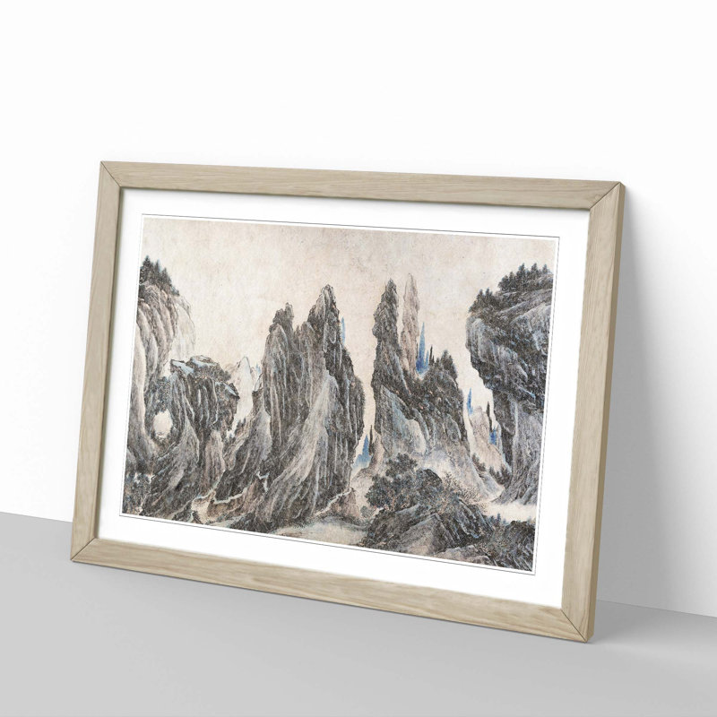 Mountain Landscape by Li Zai - Picture Frame Painting Print, 27cm H x 36cm W x 2cm D, Oak Framed