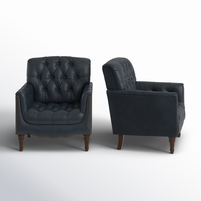 Annja 32" W Tufted Genuine Leather Armchair, Navy