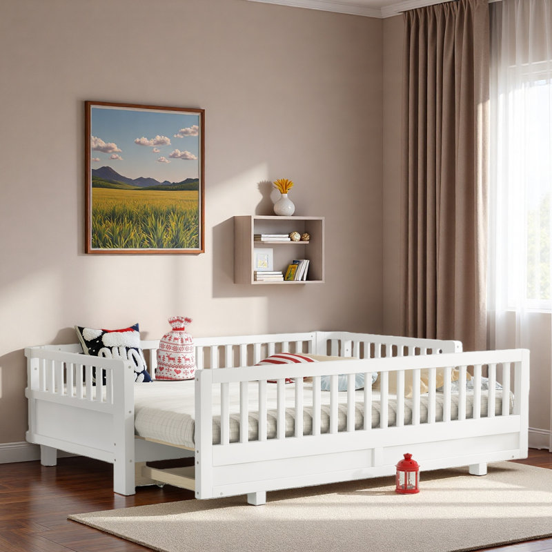 Lit plateforme avec garde-corps et taille convertible, Blanc, Très grand simple