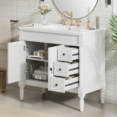 Oxford 36" Freestanding Bathroom Vanity with Ceramic Sink, 3 Drawers & Adjustable Shelf