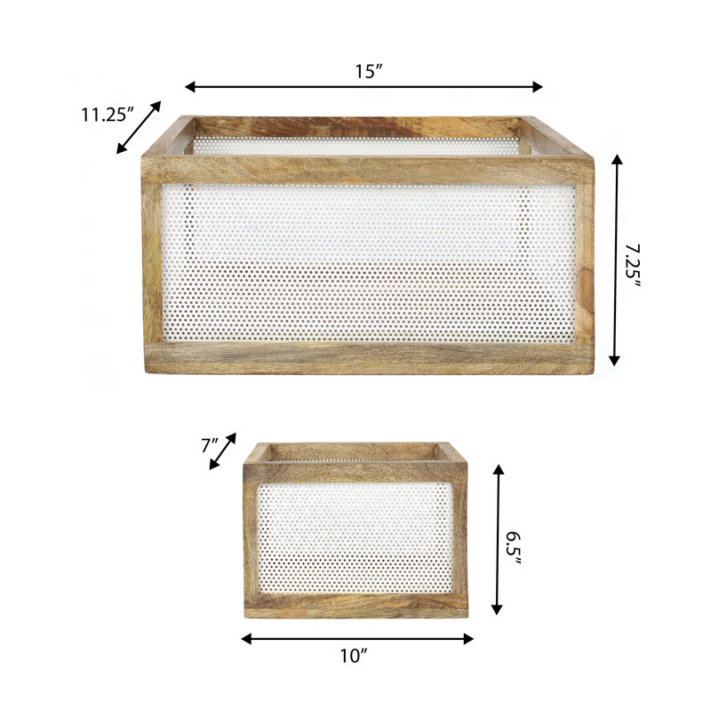 Fallon Modern Minimalist Handmade Wooden Metal Nesting Storage Baskets (Set of 3), White/Natural