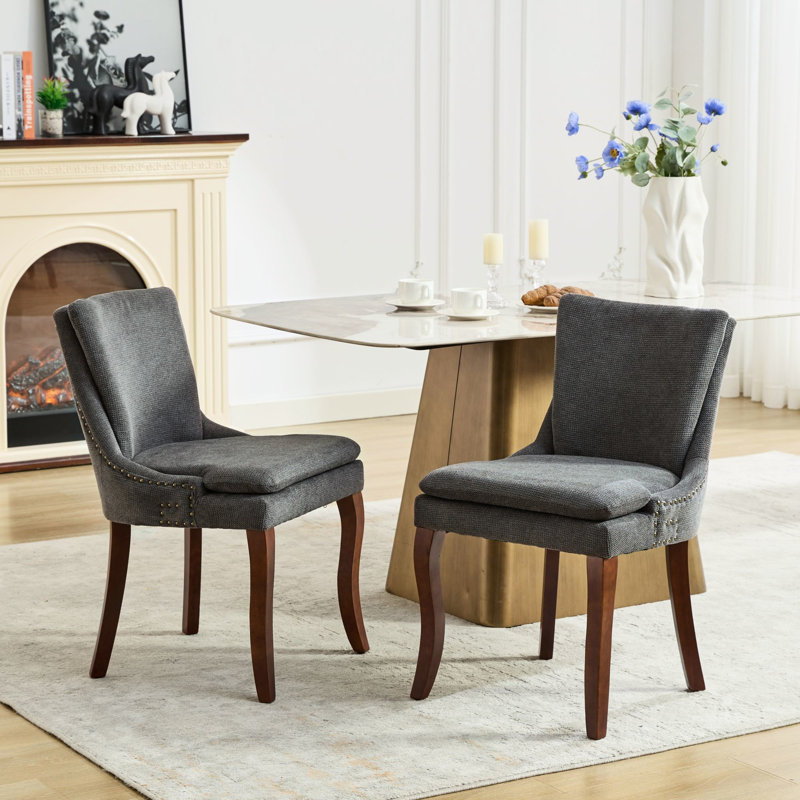 Chaises de salle à manger rembourrées à double couche en chenille rembourrées de 2, dossier moyen et pieds stables en bois massif incurvé pour un espace confortable - Gris 2 chaises d'appoint à double couche, revêtement avec