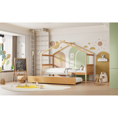 Lit simple avec lit gigogne escamotable, matériau en pin de haute qualité, toit en forme de ciel de conception imaginative, tête de lit confortable, peu encombrant pour les pièces, couleur naturelle, structure robuste de 41,5 po de largeur,