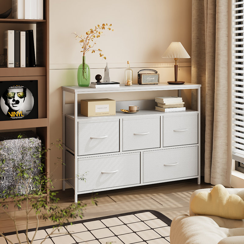 Multi-Function Steel-Wood 5-Drawer Storage Cabinet with Fabric Drawers, and Power Outlets, White