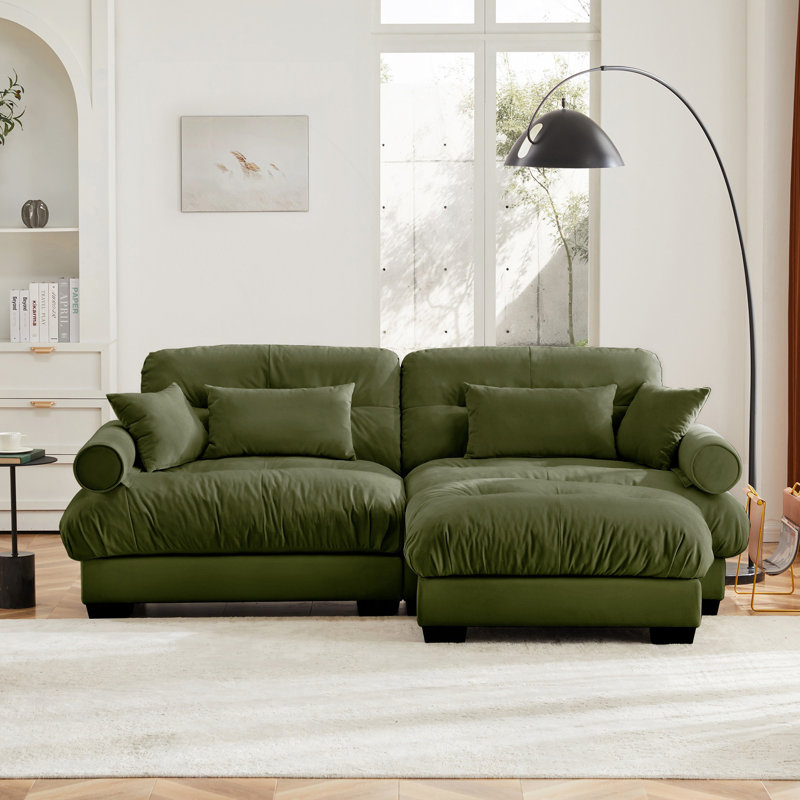 Over Size Modern Two-Seater Sofa With Ottoman, Comfy Couch, Olive Green